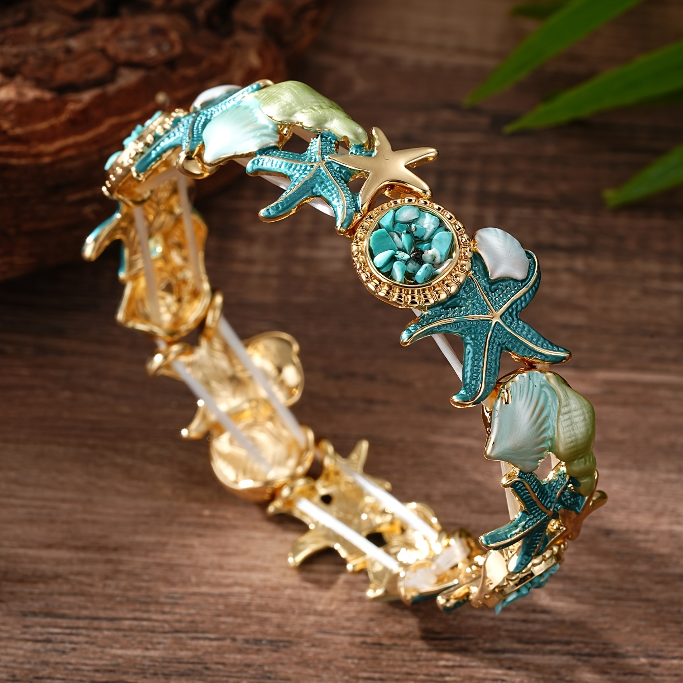 Boho Summer Coastal Starfish & Seashell Bracelet, Open Cuff